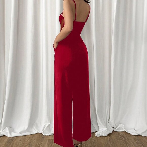 Red Sexy Women's Summer Solid Color Contrast Mesh Elegant Jumpsuit With Straps - Picture 2 of 5